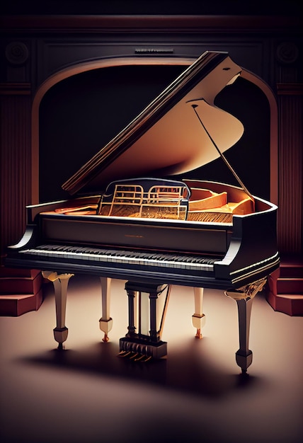 Majestatyczny złoty fortepian z piękną sceną generatywną AI