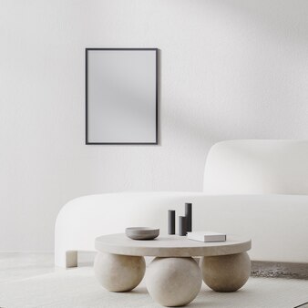 Makieta ramki plakatowej we wnętrzu białego pokoju z cieniami światła słonecznego i białą sofą z kamiennym stolikiem kawowym, renderowanie 3d