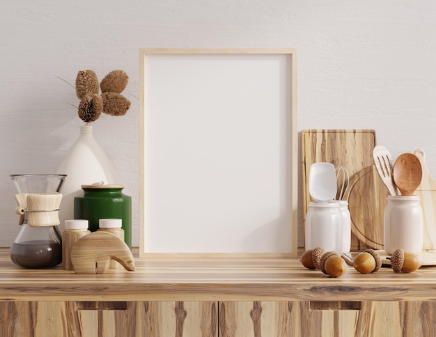 Makieta ramki plakatowej we wnętrzu kuchni z białą ścianą na drewnianej półce