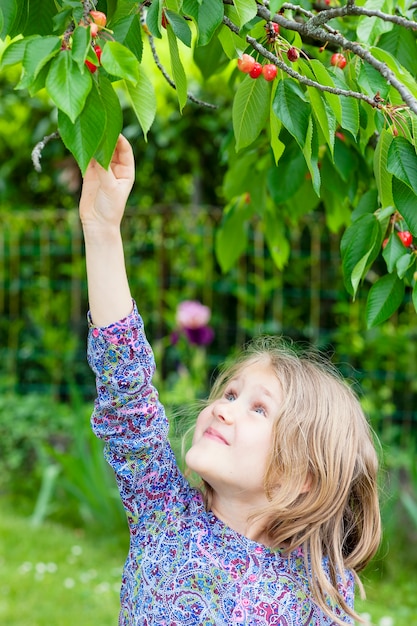 Bezpłatne zdjęcie mała dziewczynka zbiera wiśnię w ogrodzie