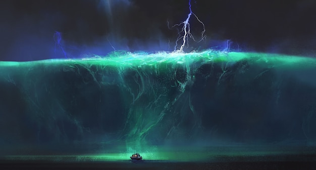 Bezpłatne zdjęcie mała łódź w obliczu ogromnych fal oceanu, ilustracja fantasy.