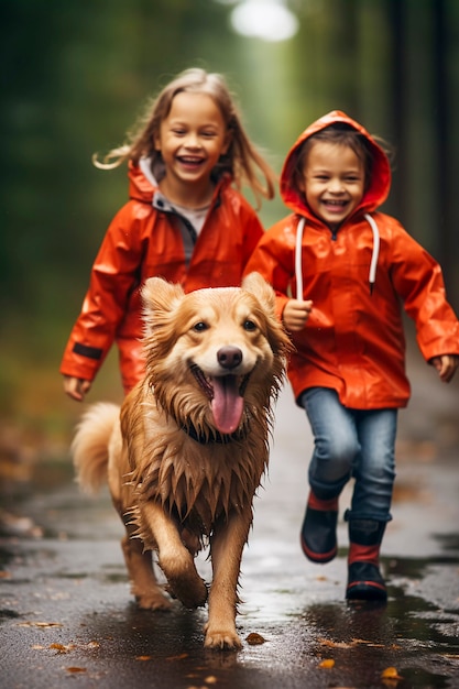 Bezpłatne zdjęcie małe dzieci cieszące się szczęściem dzieciństwa, bawiąc się w kałuży wody po deszczu