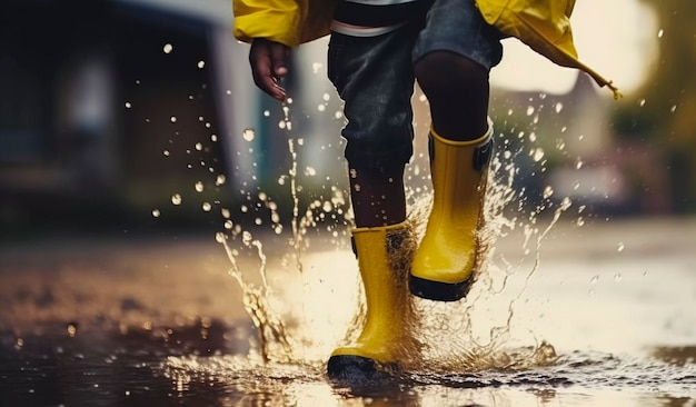 Bezpłatne zdjęcie małe dziecko cieszy się szczęściem dzieciństwa, bawiąc się w kałuży wody po deszczu