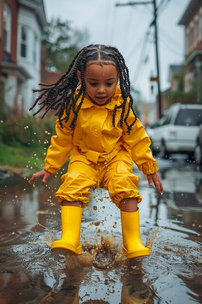 Małe dziecko cieszy się szczęściem dzieciństwa, bawiąc się w kałuży wody po deszczu