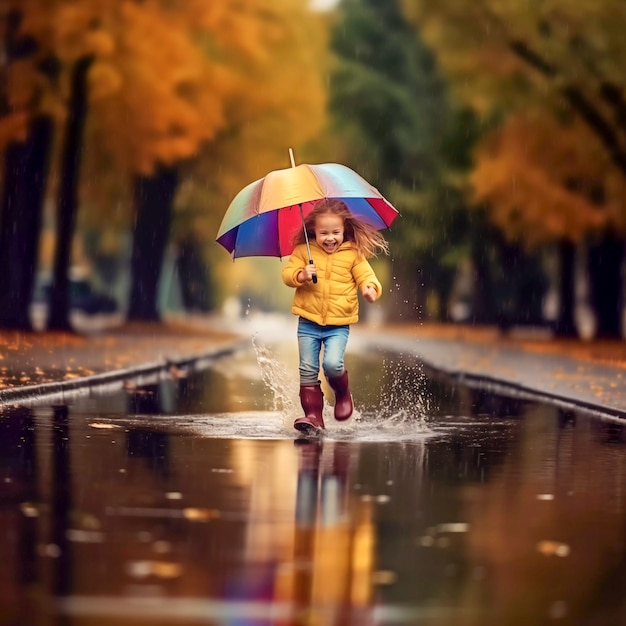 Małe dziecko cieszy się szczęściem dzieciństwa, bawiąc się w kałuży wody po deszczu