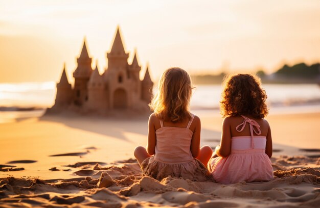 Małe siostry bawiące się razem na plaży.