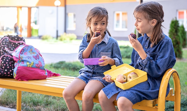 Małe uczennice siedząc na ławce na szkolnym boisku i jedząc z pudełek na lunch.