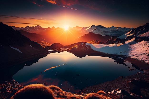 Malowniczy wschód słońca w wysokich górach Alp Generative AI