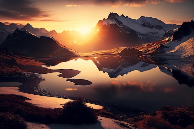 Malowniczy wschód słońca w wysokich górach Alp Generative AI