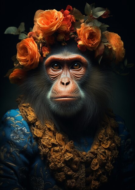 Małpa pozuje z wieńcem kwiatowym