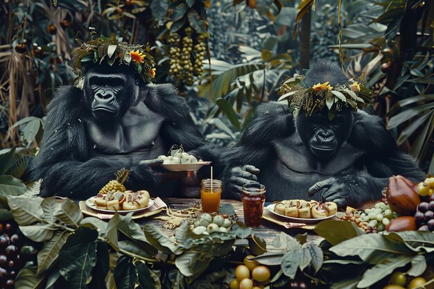 Małpy cieszące się piknikem w świecie fantazji