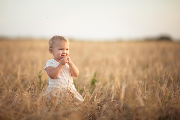 Maluch dziecko na polu pszenicy w stylu życia o zachodzie słońca
