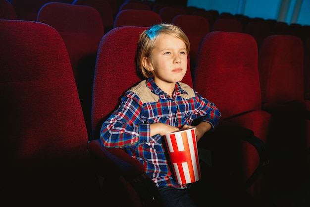 Mały chłopiec ogląda film w kinie, domu lub kinie.