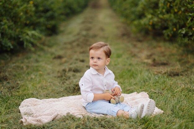 Mały chłopiec siedzi na piknik w kratę w ogrodzie
