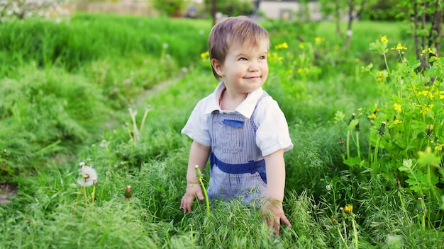 Mały chłopiec w dżinsowych kombinezonach z wyrazistymi niebieskimi oczami. skakanie i wygłupianie się w wysokiej zielonej trawie na tle dużego zielonego krzewu i kwitnącego przydomowego ogrodu.