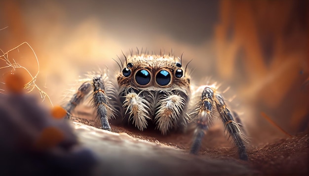 Mały pająk upiorny kieł z bliska w naturze generowany przez sztuczną inteligencję