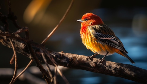 Mały ptak siedzący na gałęzi w żywych kolorach generowanych przez sztuczną inteligencję