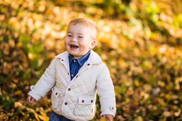 Bezpłatne zdjęcie mały szczęśliwy chłopiec z uśmiechem bawi się liśćmi w złotym jesiennym parku.