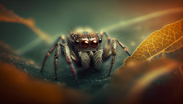 Mały włochaty horror Upiorny pajęczak czołga się na zewnątrz generowany przez sztuczną inteligencję