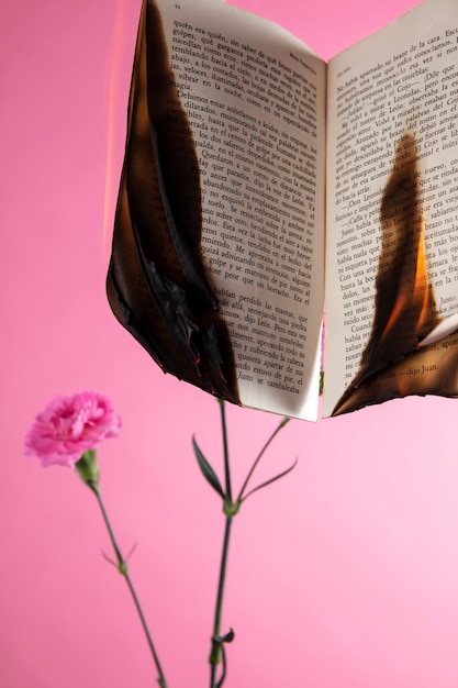Bezpłatne zdjęcie martwa natura spalonego papieru z kwiatem goździka