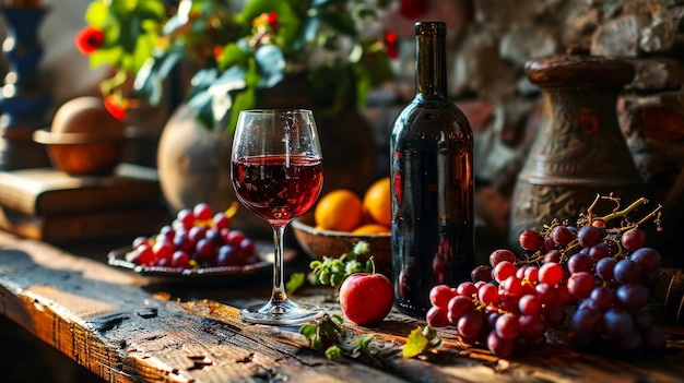 Bezpłatne zdjęcie martwa natura z kieliszkiem wina w destylarni stary drewniany stół z kluszkami winogron