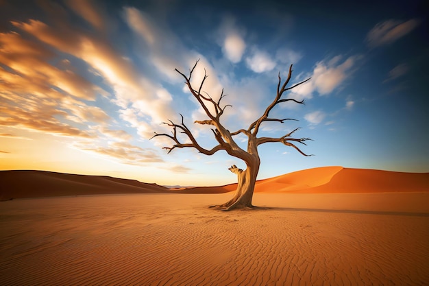 martwe drzewo na pustyni przy zachodzie słońca