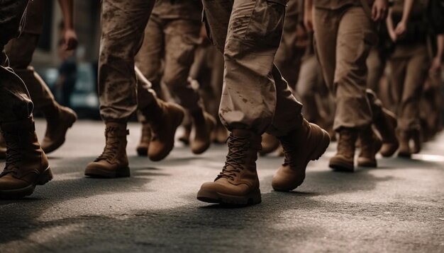 Bezpłatne zdjęcie maszerująca armia mężczyzn w mundurach i butach generowana przez sztuczną inteligencję