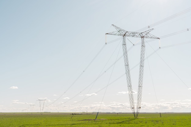 Maszty elektryczne w rzędzie na środku pola uprawnego z czystym niebem