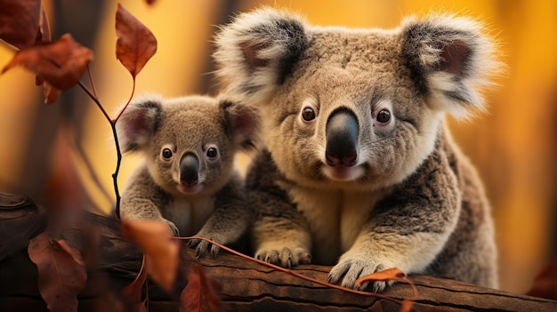 Bezpłatne zdjęcie matka koala i jej dziecko na gałęzi z jesiennymi liśćmi