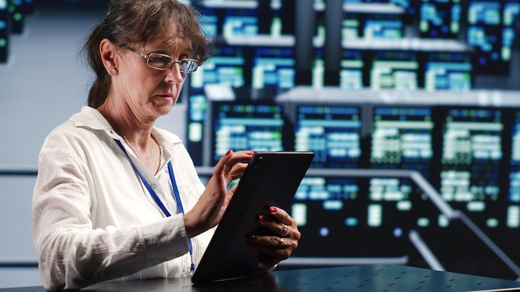 Bezpłatny plik Zdjęcie mechanik z serwerami do naprawy tabletów