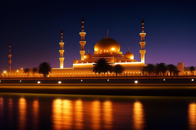 Bezpłatne zdjęcie meczet jest oświetlony w nocy, a światła odbijają się w wodzie.