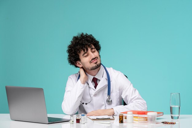 Medyczny młody poważny przystojny lekarz pracujący na komputerze w fartuchu laboratoryjnym dotykający szyi zmęczony