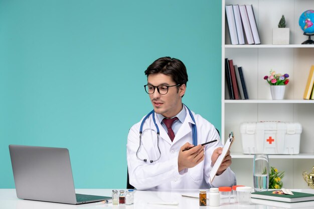 Medyczny poważny inteligentny lekarz w fartuchu laboratoryjnym pracujący zdalnie na komputerze wyjaśniający receptę