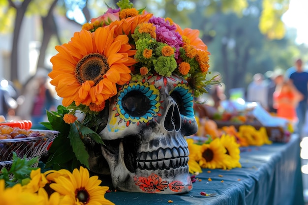 Bezpłatne zdjęcie meksykańska czaszka o żywych kolorach z kwiatami