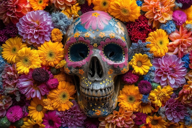 Bezpłatne zdjęcie meksykańska czaszka z pięknymi kwiatami