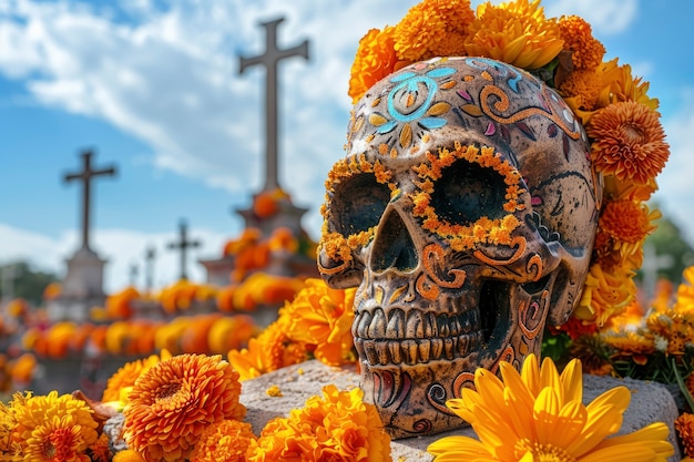 Bezpłatne zdjęcie meksykańska czaszka z pięknymi kwiatami