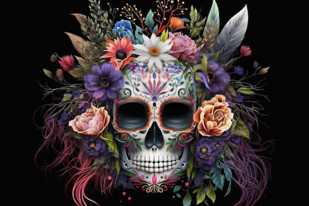 Meksykańska maska czaszki Katrina ozdobiona kwiatami typowymi dla meksykańskiej tradycji religijnej Dia de los muertos HalloweenAi generatywnej