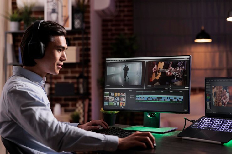 Bezpłatny plik Zdjęcie męski freelancer pracujący przy produkcji filmowej za pomocą oprogramowania komputerowego, montaż montażu filmowego z efektami dźwiękowymi i wizualnymi. tworzenie treści multimedialnych z materiału filmowego, kreatywna aplikacja do korekcji kolorów.