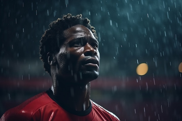 Męski piłkarz na boisku podczas deszczu