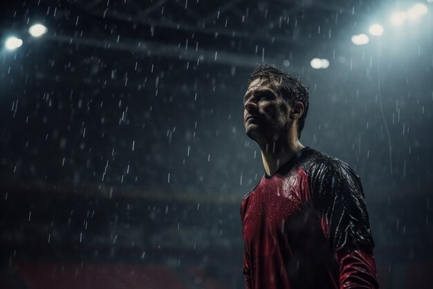 Męski piłkarz na boisku podczas deszczu