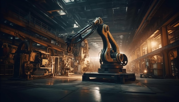 Bezpłatne zdjęcie metalowe ramię robota w nowoczesnej fabryce stali generowanej przez ai