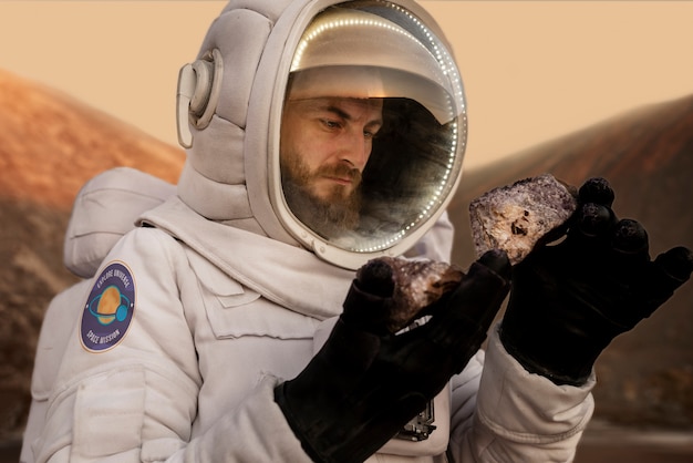 Mężczyzna astronauta analizujący skałę podczas misji kosmicznej na innej planecie