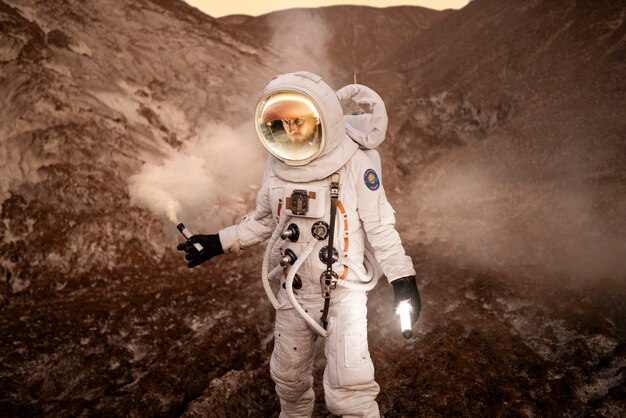 Mężczyzna astronauta sygnalizujący swoją lokalizację podczas misji kosmicznej na nieznanej planecie
