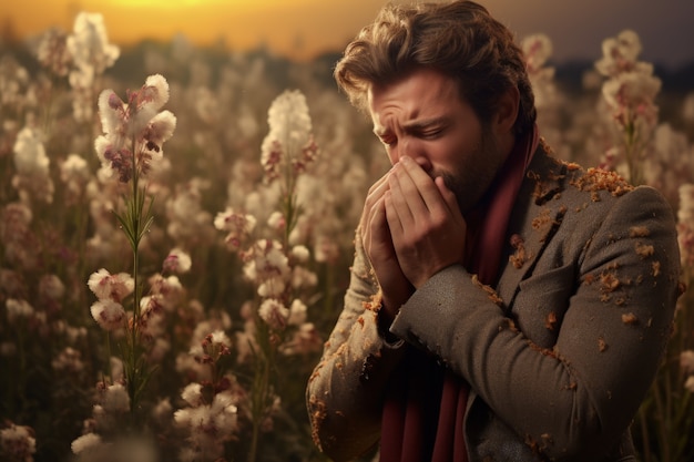 Bezpłatne zdjęcie mężczyzna cierpiący na alergię z powodu ekspozycji na pyłek kwiatów na zewnątrz