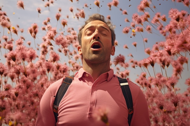 Bezpłatne zdjęcie mężczyzna cierpiący na alergię z powodu ekspozycji na pyłek kwiatów na zewnątrz