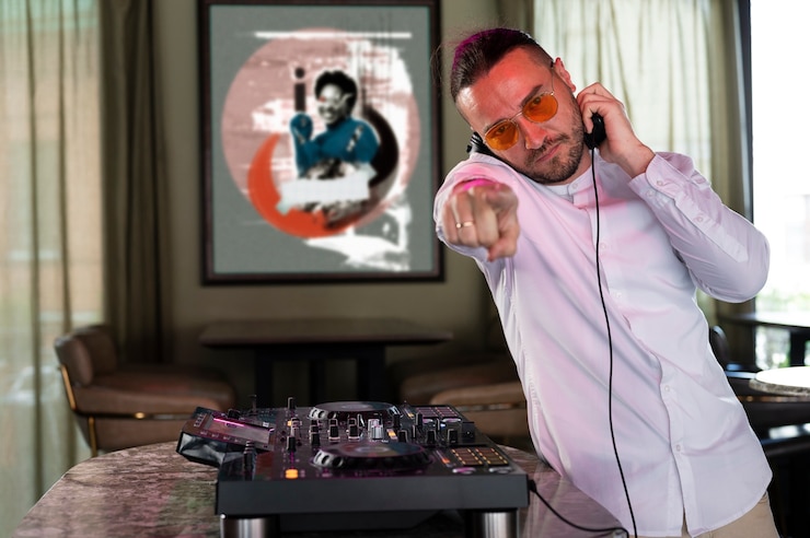 Bezpłatny plik Zdjęcie mężczyzna dj na imprezie odpowiedzialny za rozrywkę muzyczną