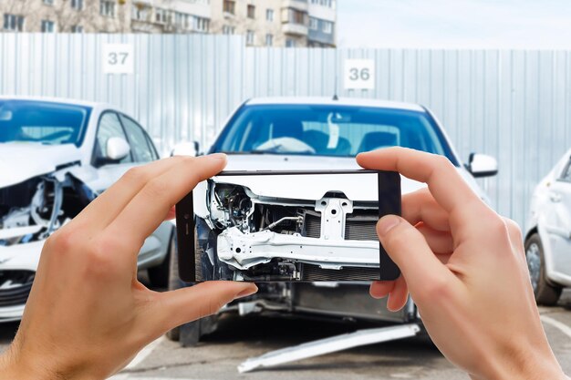 Mężczyzna fotografuje swój pojazd z odszkodowaniem za ubezpieczenie wypadkowe za pomocą smartfona.