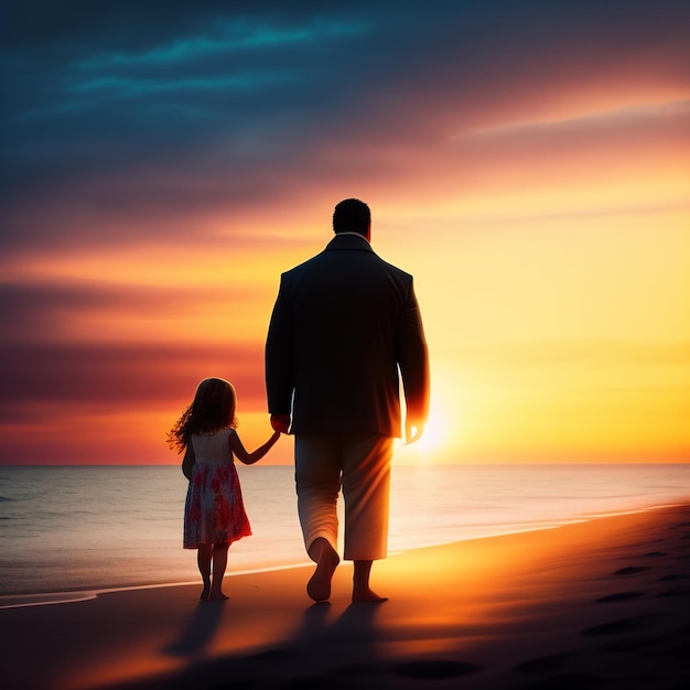 Mężczyzna i dziewczyna spacerują po plaży, a za nimi zachodzi słońce.