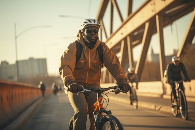 Mężczyzna jedzie na rowerze na świeżym powietrzu w mieście