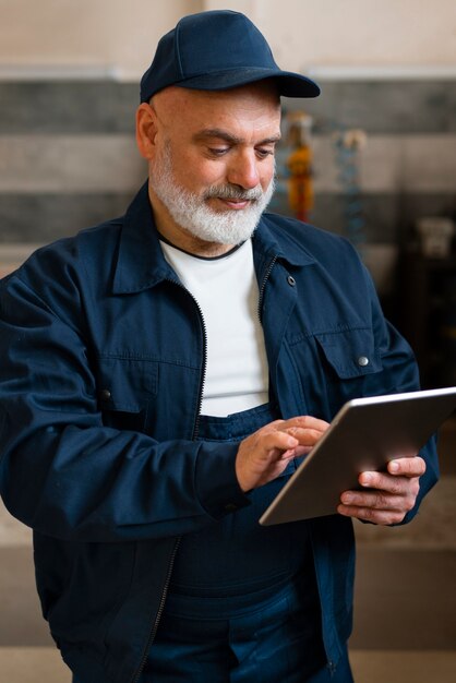 Mężczyzna mechanik samochodowy za pomocą tabletu w warsztacie samochodowym